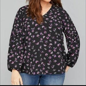 Lane BRYANT pintuck-sleeve blouse black floral 24